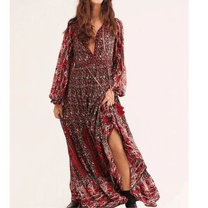 Free People Happy Feelings Red Floral Full Skirt Boho Maxi Dress